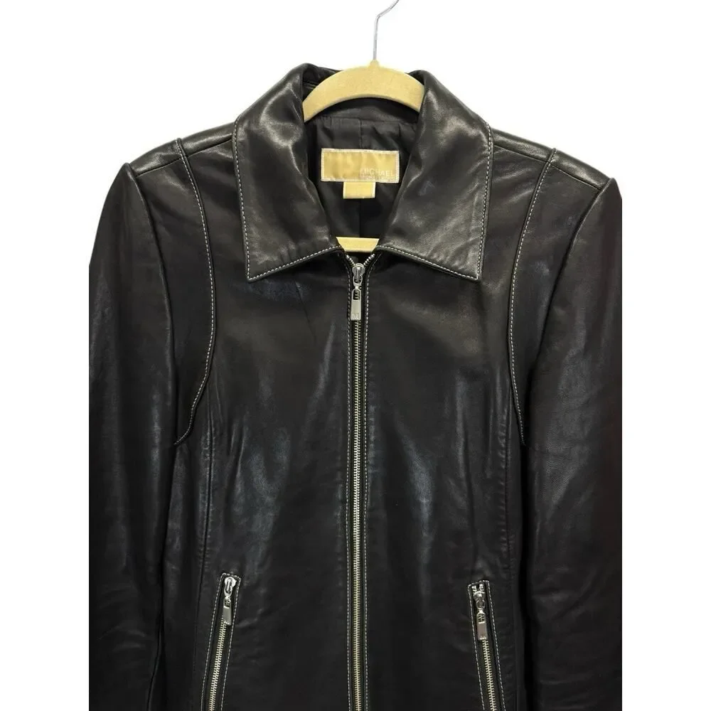 Michael Kors Black Leather Zip Jacket Women’s Medium Moto Minimalist Jacket